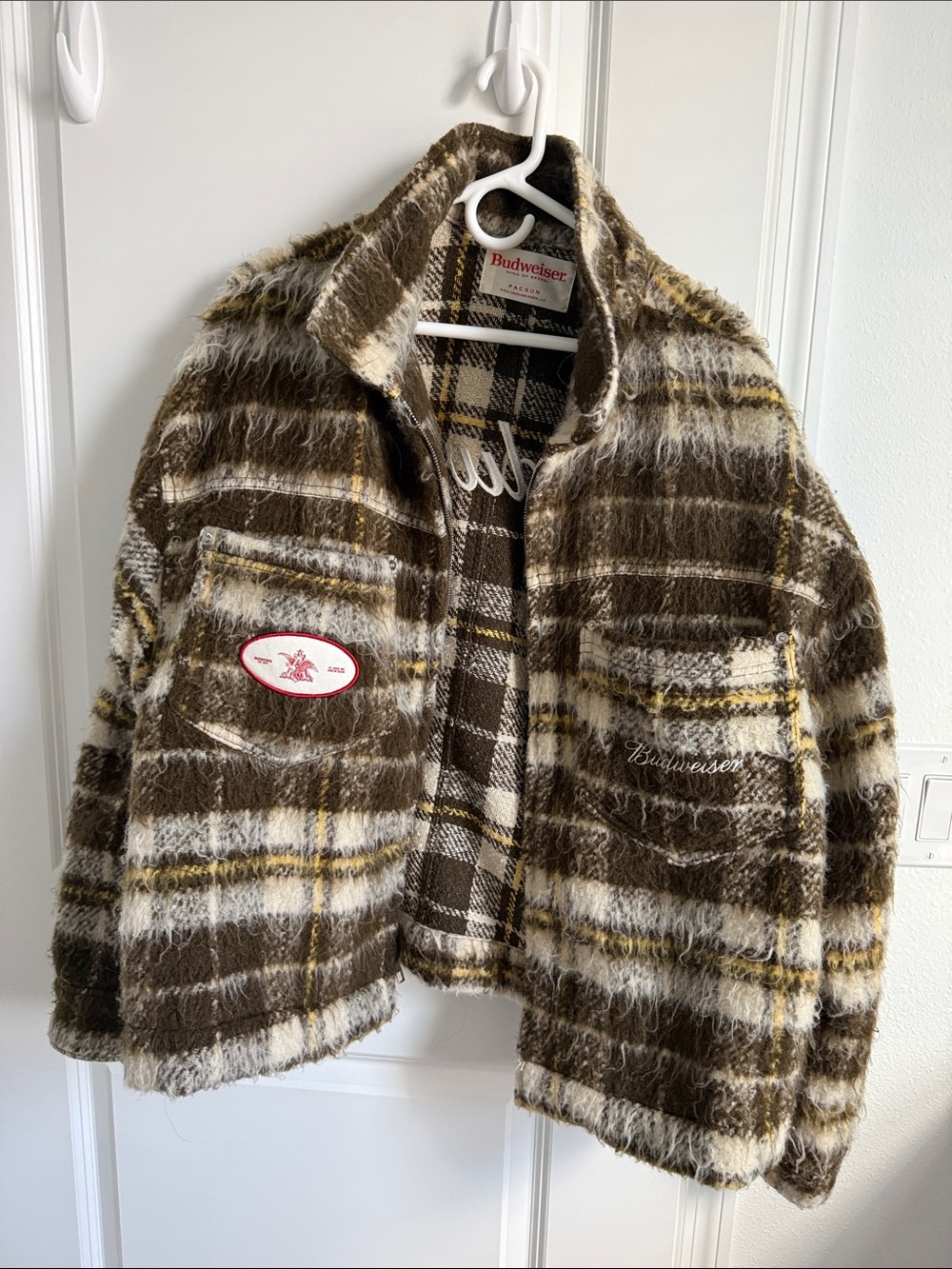 Budweiser Brown, White & Yellow Plaid Fuzzy Shacket
